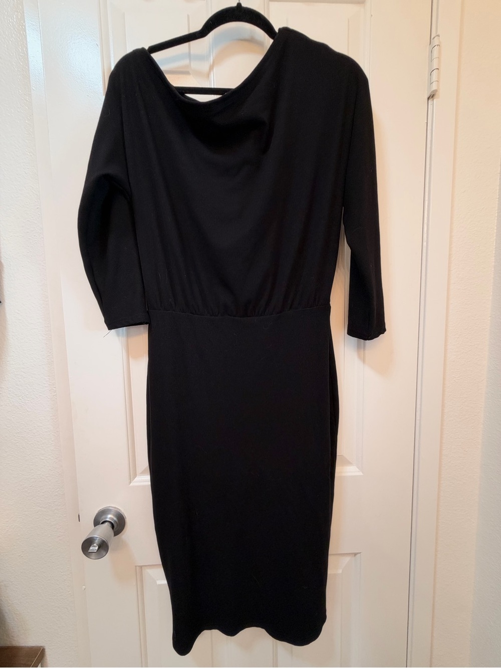 Classic Off-shoulder Black Sheath Dress with Three-Quarter Sleeves